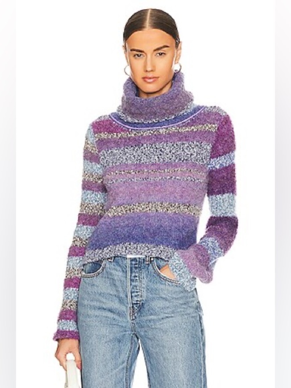 Free People My Girl Turtleneck Top Midnight Pearl Fuzzy Striped Sweater Large